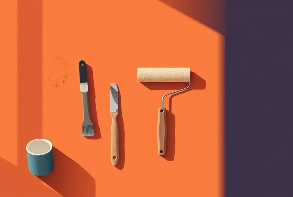 Outils de peinture disposés dans l'ordre des étapes du chantier