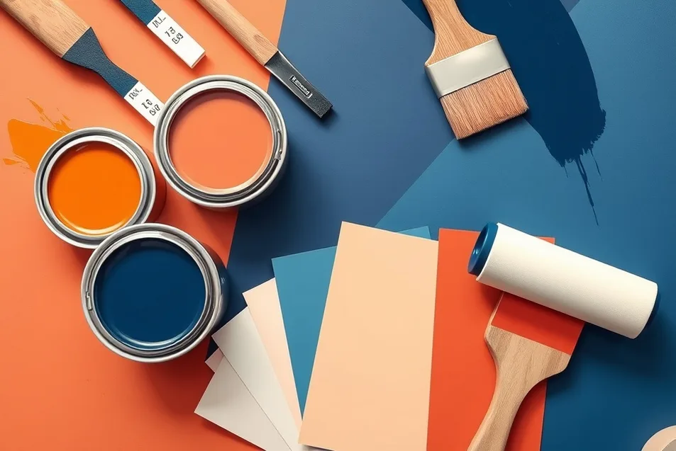 Pots de peinture, nuancier, brosses et rouleaux disposés à plat