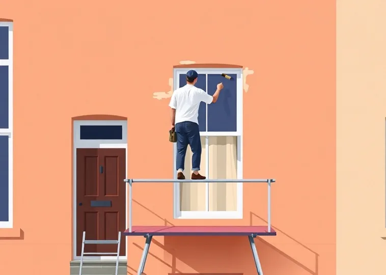 Peintre sur échafaudage traitant la façade d'une maison